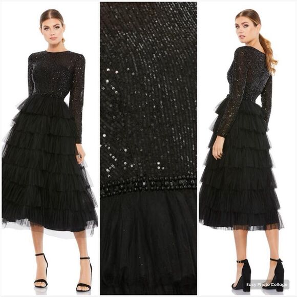 Mac Duggal 26299 Long Sleeve Ruffle Tiered Midi Dress Black 14 Stretch - Picture 1 of 15